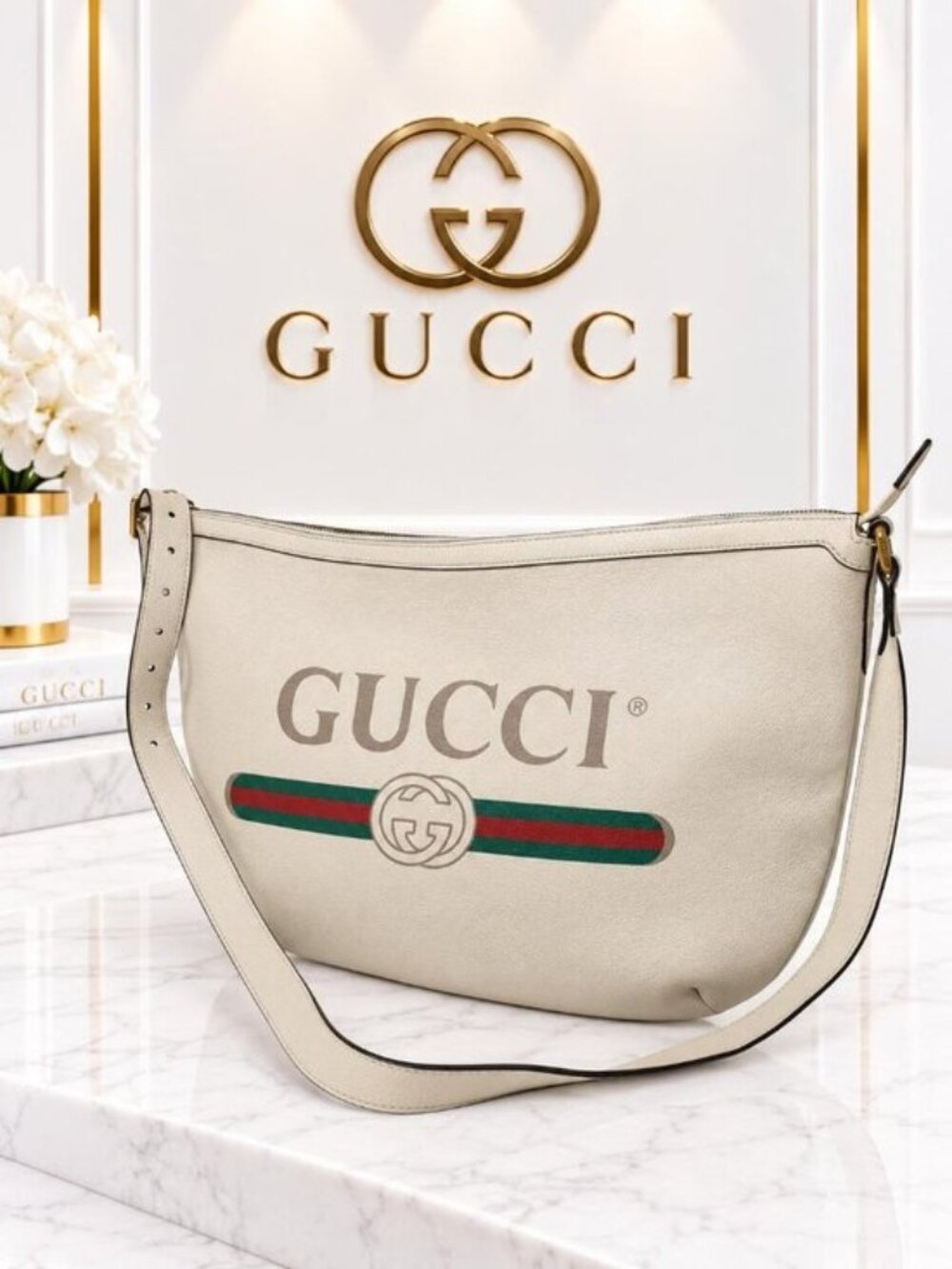 Authentic Gucci Logo Print White Leather Hobo Shoulder Bag Web Stripe